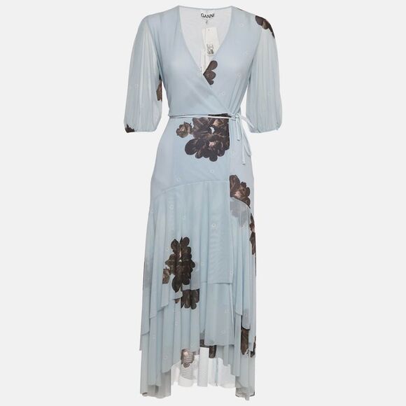 Ganni Light Blue Floral Print Mesh Wrap Around Midi Dress S